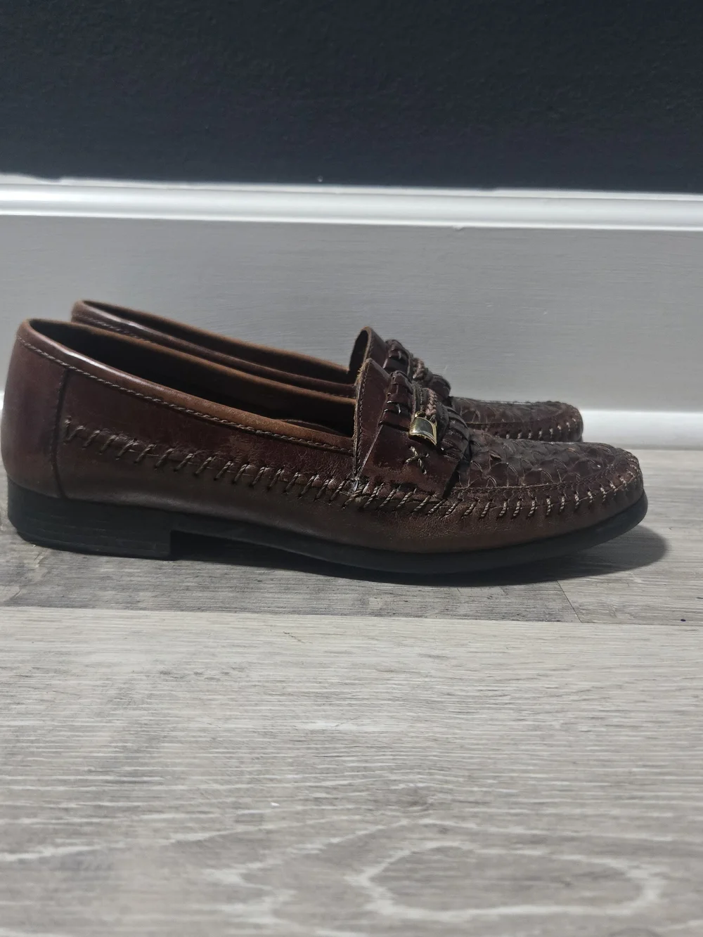 Stacy Adams Vintage Woven Brown Leather Moc Toe Preppy Loafers Men's 7 Wmns 8.5